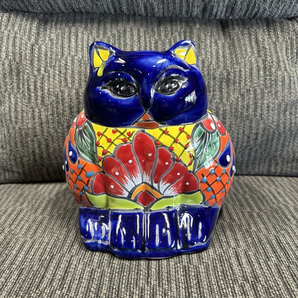 Talavera Cat Planter Animal Kitty Pot Mexican Pottery Folk Art Home Decor 8.5"‎